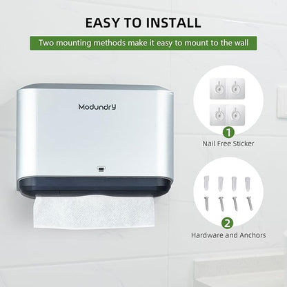 Wall Mount Paper Towel Dispenser, Multifold Hand Towel Dispenser with Smart Lock, Adhesive No-Drill or Screw Install, Holds 200 Towels for Bathroom, Restroom, Office, Kitchen & Home, Sliver