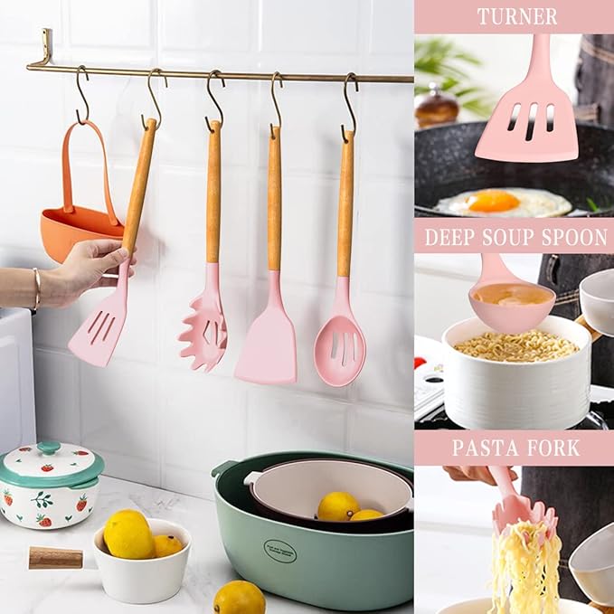 Umite Chef Silicone Kitchen Utensils Set, 33 Piece Non-Stick Kitchen Utensils with Stand, Wooden Handle, Pink - Image 7