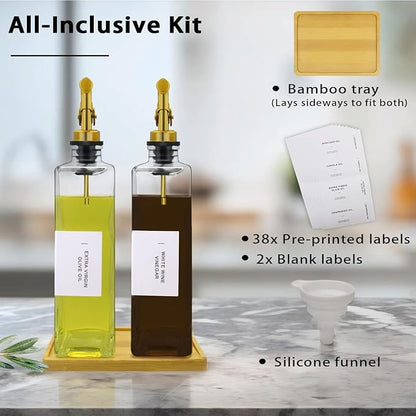 Olive Oil Dispenser Bottle for Kitchen with Bamboo Tray- Glass Oil & Vinegar Dispenser Set 16.9oz, Olive Oil Cruet, Elegant Kitchen Gift for Home Cooks(Clear, Set of 2) - Image 5
