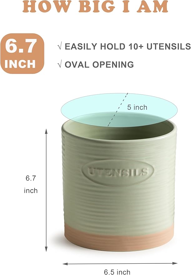 YHOSSEUN Kitchen Utensil Holder, Ceramic Utensil Holder for Kitchen Counter 6.7" Large Cooking Utensil Crock Farmhouse Utensil Organizer Storage, Oval Opening, Green - Image 2