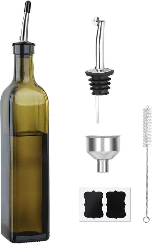 Green Olive Oil Dispenser Bottle - 17oz/500ml Glass Oil and Vinegar Bottles Set for Kitchen, Oil Dispenser with 2 Stainless Steel Pourers, Funnel and Brush by Unknown