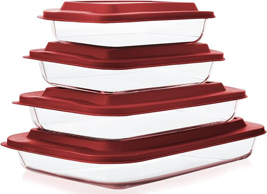 8-Piece Deep Glass Baking Dish Set with Plastic lids,Rectangular Glass Bakeware Set with Lids, Baking Pans for Lasagna, Leftovers, Cooking, Kitchen, Freezer-to-Oven and Dishwasher, Red by MMCIRCO