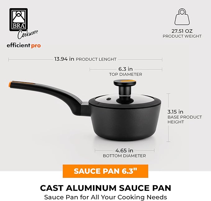 BRA COOKWARE Efficient Pro Nonstick Saucepan w/Lid | 6.3 Inch 1.13 Quart Shallow Pot | 3-Layer Scratch Resistant Coating | PFOA Free Low Pot | All Cooktops Soup Pan | Ergonomic Heat-Resitant Handles