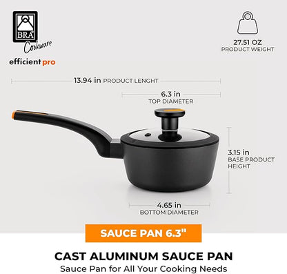 BRA COOKWARE Efficient Pro Nonstick Saucepan w/Lid | 6.3 Inch 1.13 Quart Shallow Pot | 3-Layer Scratch Resistant Coating | PFOA Free Low Pot | All Cooktops Soup Pan | Ergonomic Heat-Resitant Handles