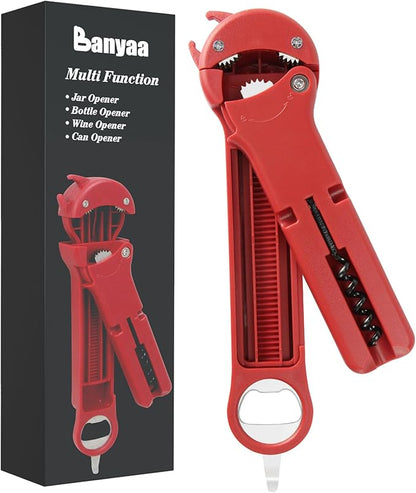 7 in 1 Jar Opener Bottle Opener and Wine Opener for Seniors with Arthritis, Weak Hands, Multi Retractable Magnetic Can Opener, Original Kitchen Lid Opener Tool (Red)