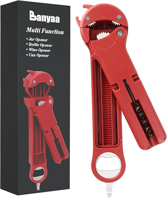 7 in 1 Jar Opener Bottle Opener and Wine Opener for Seniors with Arthritis, Weak Hands, Multi Retractable Magnetic Can Opener, Original Kitchen Lid Opener Tool (Red)