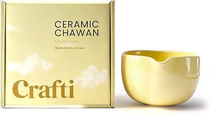 Crafti Ceramic Yellow Matcha Bowl | Golden Hour Butter Yellow | Crafted With Grip Indents | Large Size for 1-3 Matcha Servings | 17 oz / 500ml Capacity