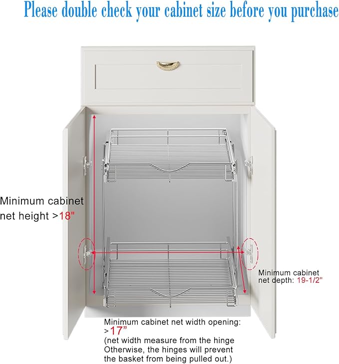 DINDON 2 Tier Pull Out Cabinet Organizer (17" W x 18" D) Heavy-Duty Metal Sliding Drawer Shelf, Two Tier Pull Out Shelves for Kitchen Cabinets, Pantry, Bathroom, Chrome Finish - Image 4