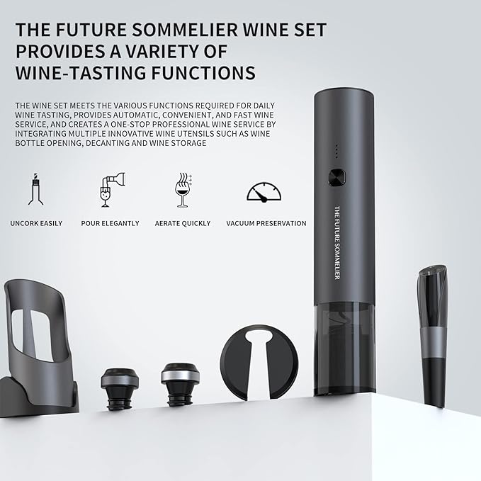 CIRCLE JOY Rechargeable Electric Wine Bottle Opener Set 7-in-1 Aluminum Alloy Wine Gift Set with 2-in-1 Electric Corkscrew & Vacuum Pump, Foil Cutter, Wine Pourer, Charging Base and 2 Wine Stoppers - Image 2