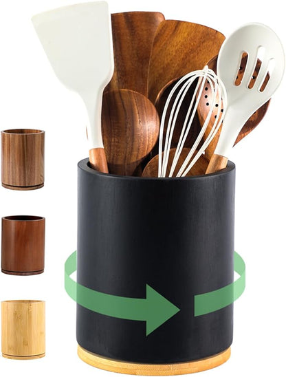 Wooden Utensil Holder, 360°Rotating 7.3'' Large Utensil Holder for Kitchen Counter, Kitchen Utensil Organizer, Utensil Crock, Farmhouse Kitchens Countertop Decor, Black Color by Unknown