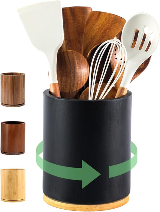 Wooden Utensil Holder, 360°Rotating 7.3'' Large Utensil Holder for Kitchen Counter, Kitchen Utensil Organizer, Utensil Crock, Farmhouse Kitchens Countertop Decor, Black Color by Unknown