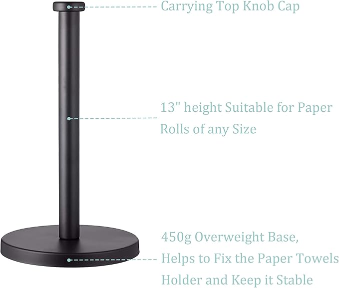 Black Standing Paper Towel Holder for Kitchen& Bathroom Countertop,Under Counter, Table Or BBQ, Standard or Jumbo-Sized Roll Paper (with Stainless Steel Base) - Image 4