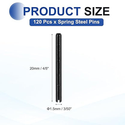 MECCANIXITY 120Pcs Slotted Split Roll Pins 3/50 Inch(1.5mm) Dia. 4/5 Inch(20mm) Length 65Mn Steel Spring Tension Expansion Dowels for Secure Fastening, Black