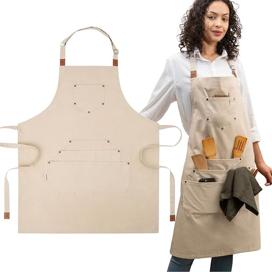 Cotton Canvas Apron for Women & Men – Adjustable Neck Strap & Waist Ties with Pockets