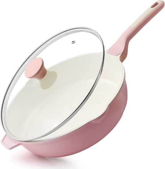 SENSARTE Nonstick Skillet with Lid 12-inch, 5QT Ceramic Deep Frying Pan, Non Toxic Saute Pan with Lid, Healthy Dishwasher Safe Cooking Pot, Induction Pan with Stay-cool Handle, Pink by SENSARTE