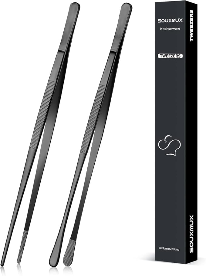 2 Pcs 10-inch Cooking Tweezers Tongs Precision Serrated Tips, Stainless Steel Professional Chef Tweezer Kitchen Tools for BBQ, Plating and Serving (Black) by SOUXMUX