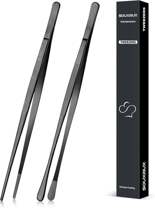 2 Pcs 10-inch Cooking Tweezers Tongs Precision Serrated Tips, Stainless Steel Professional Chef Tweezer Kitchen Tools for BBQ, Plating and Serving (Black) by SOUXMUX