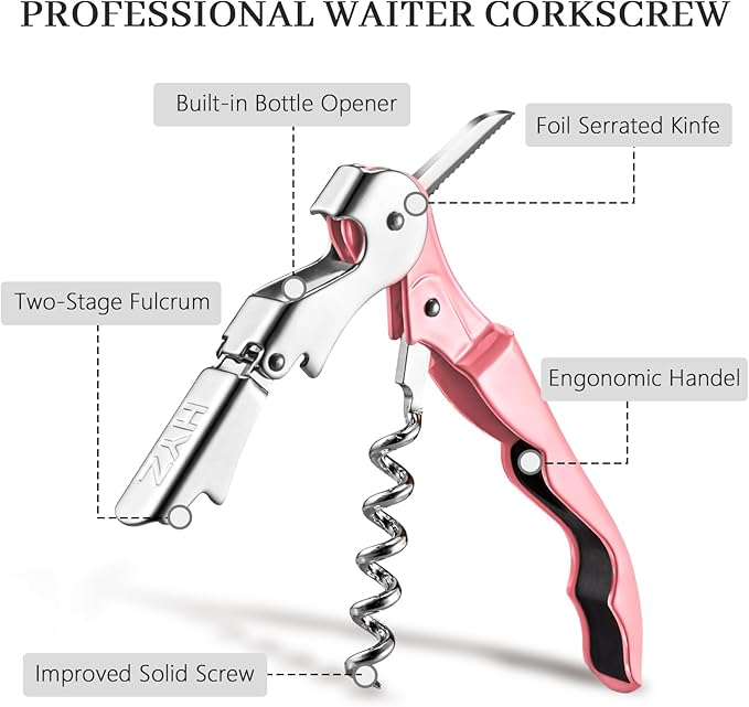 HYZ 2-Pack Wine Opener Waiter Corkscrew, Professional Wine Key for Servers, Bartender with Foil Cutter, Manual Wine Bottle Opener Double Hinged (Pink Mesa) - Image 2
