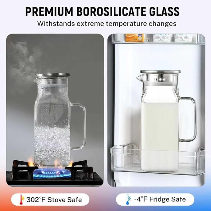 2 Pack 2 Liters/68 oz Square Glass Pitcher with Lid and Handle, Glass Carafe for Hot/Cold Water, Large Iced Tea Pitcher for Coffee, Juice