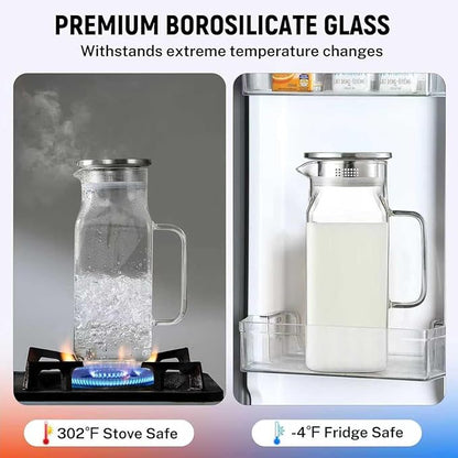 2 Pack 2 Liters/68 oz Square Glass Pitcher with Lid and Handle, Glass Carafe for Hot/Cold Water, Large Iced Tea Pitcher for Coffee, Juice