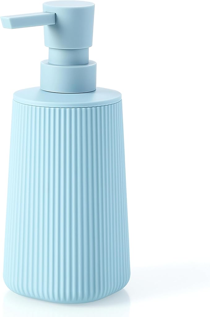 Small Soap Dispenser for Bathroom and Kitchen, Modern Farmhouse Striped Style Plastic Hand Soap Dish Soap Dispenser with Pump Light Blue by KellyHome