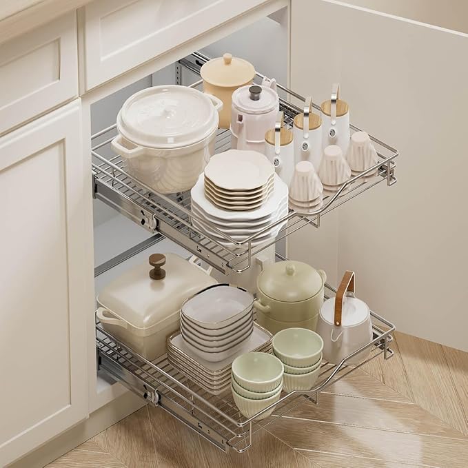 DINDON 2 Tier Pull Out Cabinet Organizer (20" W X 21" D), Double Tier Wire Basket Slide Out Shelf Storage for Kitchen Base Cabinet Organization ​for Kitchen, Pantry, Bathroom, Chrome - Image 2