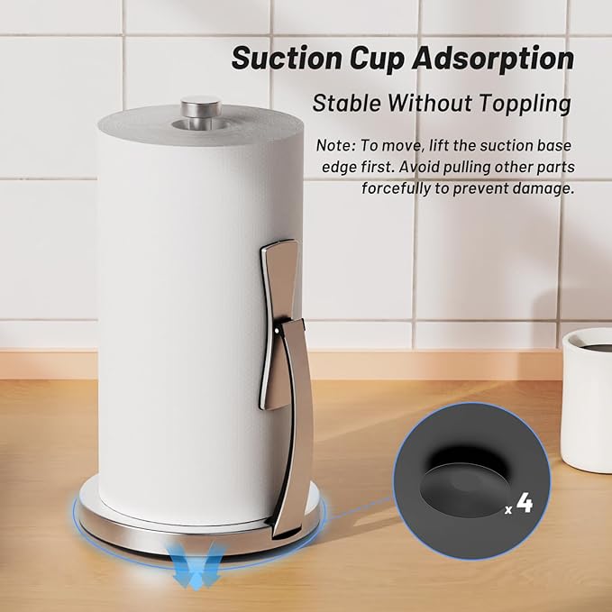 VEHHE Paper Towel Holder Countertop, Paper Towel Holder with Spring Activated Arm and Damping Effect, Simply Tear Paper Towel Stand for Bathroom and Kitchen (Silver) - Image 5