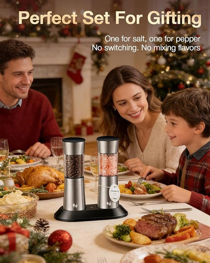 Gravity Electric Salt and Pepper Grinder Set, Automatic Mills with Rechargeable Charging Base, Built-in LED Light & Stainless Steel Body