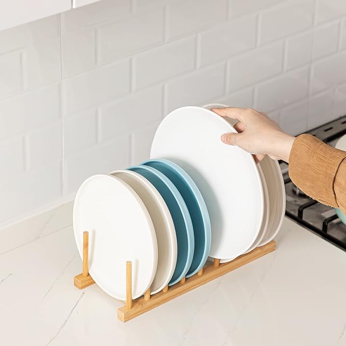 HBlife 4pcs Bamboo Dish Plate Bowl Cup Book Pot Lid Cutting Board Drying Rack Stand Drainer Storage Holder Organizer Kitchen Cabinet (Keep Dry) - Image 4