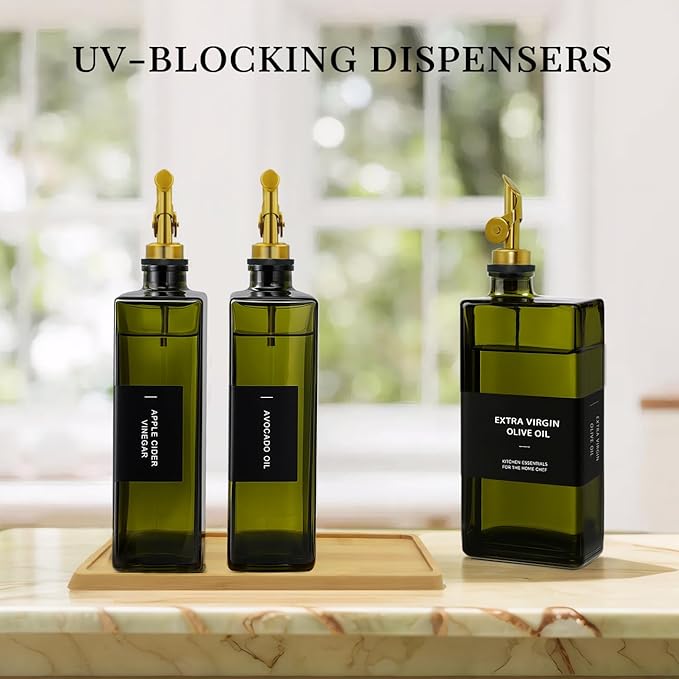 Olive Oil Dispenser Bottle for Kitchen with Bamboo Tray- Glass Oil and Vinegar Dispenser Set 16.9oz, Soy Sauce & Syrup Bottle, Modern Hostess Gift (Green, 16.9oz, Set of 3) - Image 2