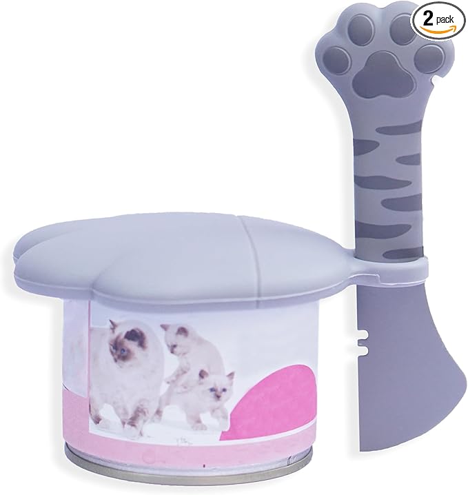 Meow&Woof Cute Cat Pet Can Food Cover with Spoon - One Lid and One Spoon Pack (Gray)