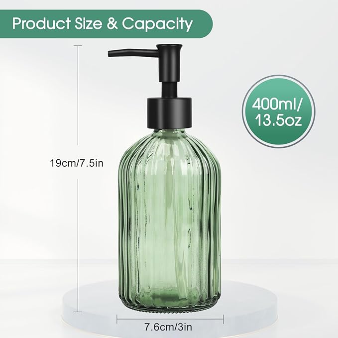 Topsky Glass Soap Dispenser with Black Plastic Pump, 400ml Liquid Hand Soap Dispenser, Rustproof Pump for Kitchen & Bathroom, Great for Lotions, Essential Oil, Liquid Soaps (Army Green) - Image 5