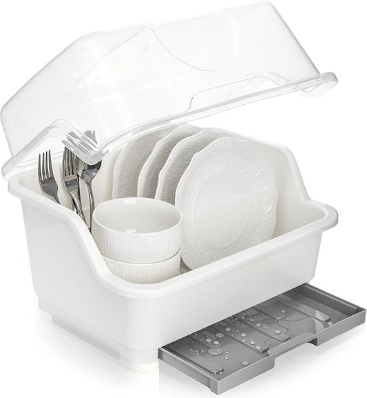 Dish Drying Rack, Plastic Plate Cup Dryer Holder with Lid Removable Drainboard, Cutlery Utensil Dish Nursing Bottle Organizer for Tableware, Kitchen Cabinet