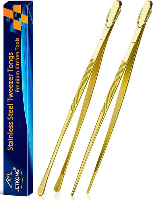 JETKONG 2 Pcs 14-Inch Cooking Tweezers Extra Long Stainless Steel Food Tweezers Kitchen Tweezer Tongs (Gold) by JETKONG