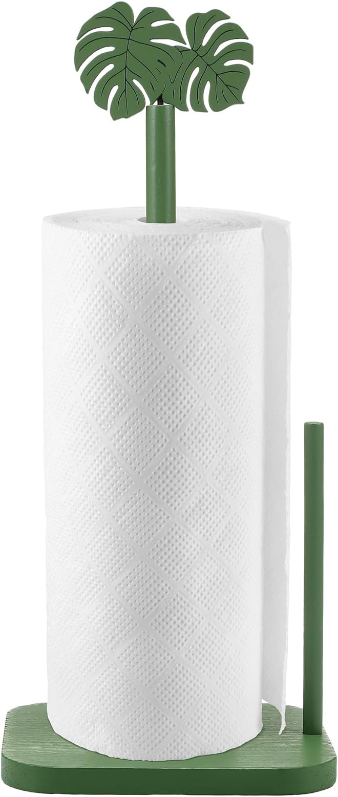Leinuosen Monstera Leaves Paper Towel Holder Tropical Monstera Wooden Paper Towel Holder Green Ocean Tropical Bathroom Accessories Kitchen Roll Stand Organizer Standing Apartment Housewarming Gift