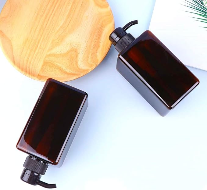Pump Bottle, Refillable Plastic Empty Lotion Soap Dispenser Liquid Container for Bathroom Shampoo and Body Wash, 15oz/450ml Amber 2 Pack