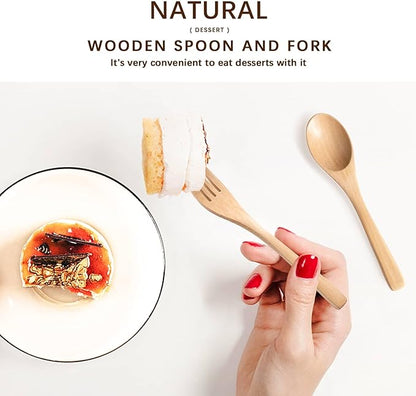 2pcs 6.3inch Schima Wooden Utensil Set Including Spoons and Forks, Reusable Handmade Natural Wooden Cutlery, Sustainable Responsible Wood Flatware Set for Stirring Eating＆Camping