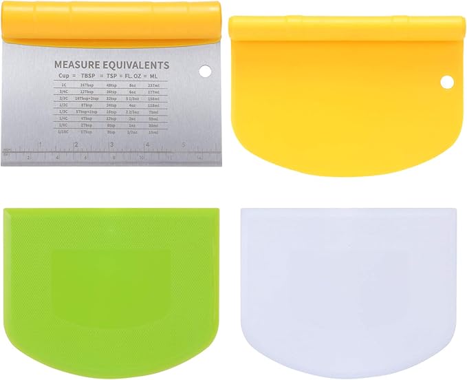 Suanyok Bench Scraper-Stainless Steel Dough Scraper and Flexible Plastic Bowl Scraper 4-Piece Set-Bread/Pastry/Pizza Cutter, Multifunctional 2-in-1 Baking Tools With Measurement Marks by Suanyok