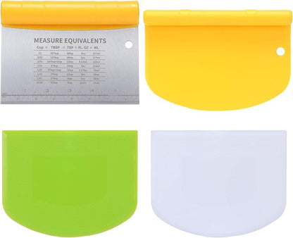 Suanyok Bench Scraper-Stainless Steel Dough Scraper and Flexible Plastic Bowl Scraper 4-Piece Set-Bread/Pastry/Pizza Cutter, Multifunctional 2-in-1 Baking Tools With Measurement Marks by Suanyok