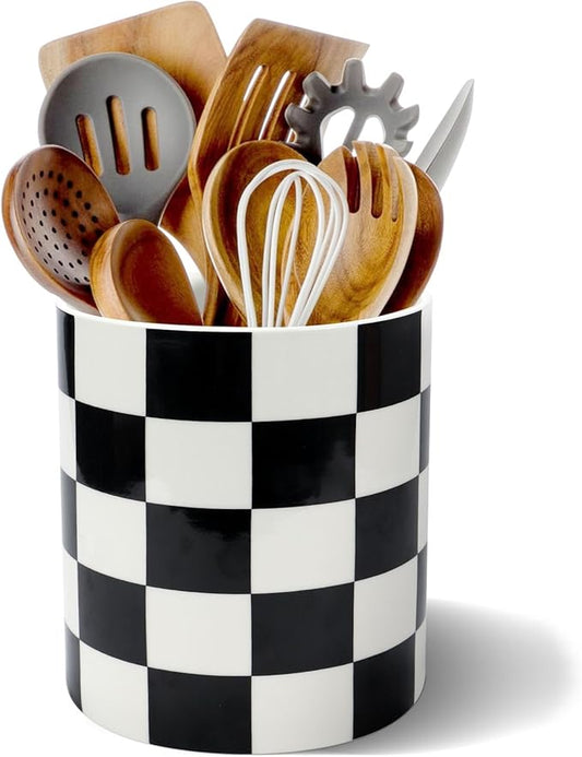 Utensil Holder for Kitchen Counter 7.2" Ceramic Utensil Holder Deep and Stable ,Kitchen Utensil Organizer, Modern Checkered Utensil Holder for Decor