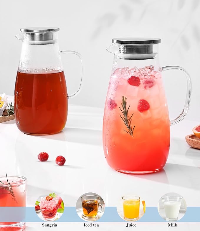 LUNA & MANTHA Glass Pitcher with Lid, Water Pitcher for Fridge, 64oz Drink Jug with handle, Borosilicate Glass for Iced Tea, Juice, Milk, Coffee Hot Cold Beverages Carafe 2 Quart - Image 4