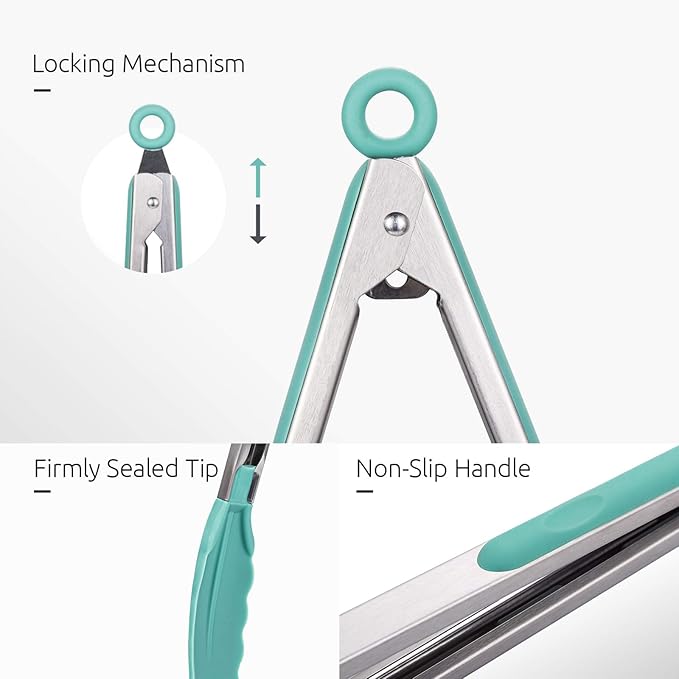 Kitchen Tongs, U-Taste 7/9/12 inches Cooking Tongs, with 600ºF High Heat-Resistant Non-Stick Silicone Tips, 18/8 Stainless Steel Handle, for Food Grill, Salad, BBQ, Frying, Serving, Pack of 3(Teal) - Image 6