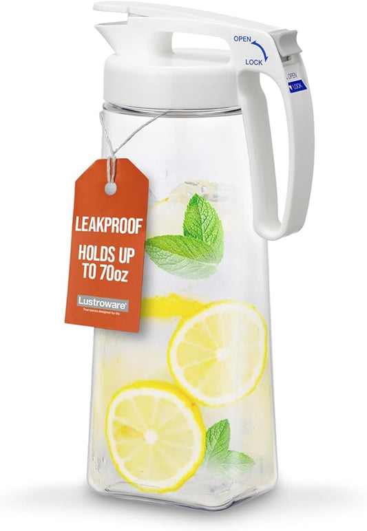 Lustroware QuickServe Airtight Pitcher - 2.1L (70oz), Heat Resistant, BPA-Free SAN Plastic, One Touch Open & Close, Space-Saving, Made in Japan - White by Lustroware