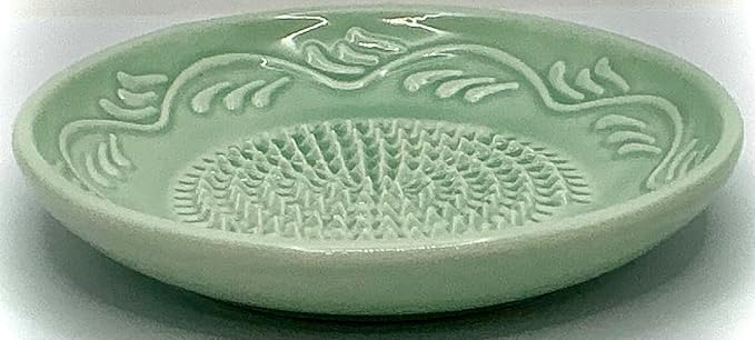 BonCera, All-in-one Premium Ceramic Garlic Grater Plate 4-Piece Set - Turquoise Green Floral Edge Design - For Garlic, Ginger, Chocolate, and more! - Comes with 5" Plate, Peeler, Brush, and Stand