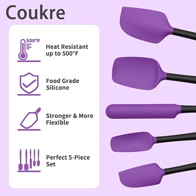 Coukre Silicone Spatula Set of 5,High Temperature Resistant, Food Grade Silicone, Dishwasher Safe, for Baking, Cooking (Purple Black) - Image 3