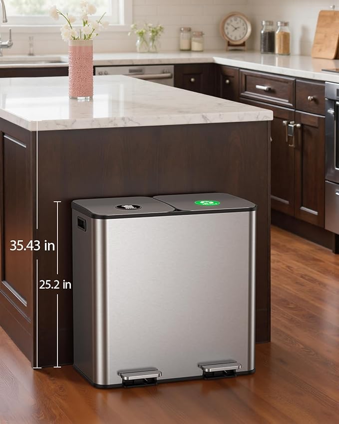 Lovewind Dual Trash and Recycling Bins for Kitchen, 2 * 11-Gallon Stainless Steel Double Trash Can, Step-On Garbage and Recycle Combo, Quiet Close, Pet-Proof, Compatible with 13-Gallon Bags, Silver - Image 2
