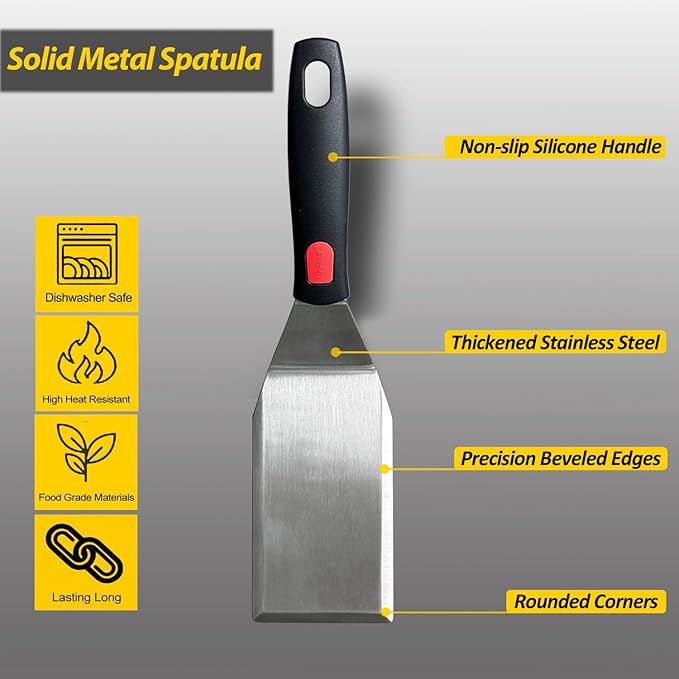Professional Metal Spatula for Cast Iron Skillets and Flat Top Grills, Full Tang Silicone Handle,Thickened Stainless Steel Blade, Smash Burger Spatula Turner for Flipper, Cooking, BBQ, 5 x 2.75 Inch - Image 2