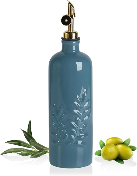 Sweejar 18 Oz Oil Dispenser for Kitchen with Gravity Spout, Ceramic Olive Oil Dispenser Bottle, Relief Opaque Vinegar Container for Evoo, Vinegar, Soy Sauce, Pack of 1(Fogbule, Gold Spout) by Sweejarco1949