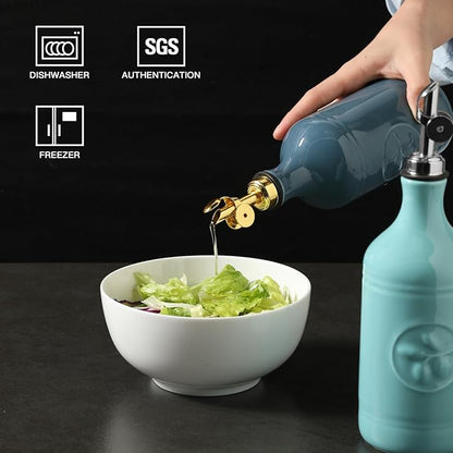 Sweejar 16 Oz Ceramic Olive Oil Dispenser Bottle, Oil Dispenser for Kitchen with Gravity Spout, Relief Opaque Oil Container for Evoo, Avocado Oil, Vinegar, Soy Sauce, 1 Pack(Fog Blue, Gold Spout) - Image 3