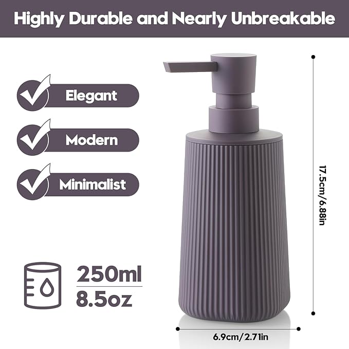Small Soap Dispenser for Bathroom and Kitchen, Modern Farmhouse Striped Style Plastic Hand Soap Dish Soap Dispenser with Pump Matte Purple - Image 6